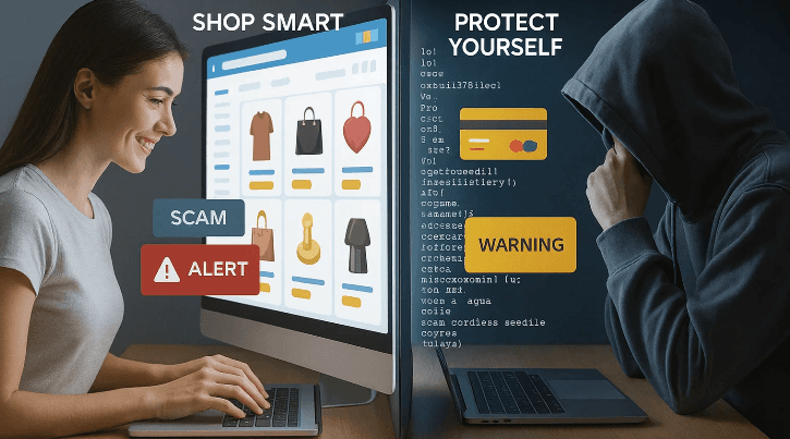 Woman shopping online while a scammer watches from another screen
