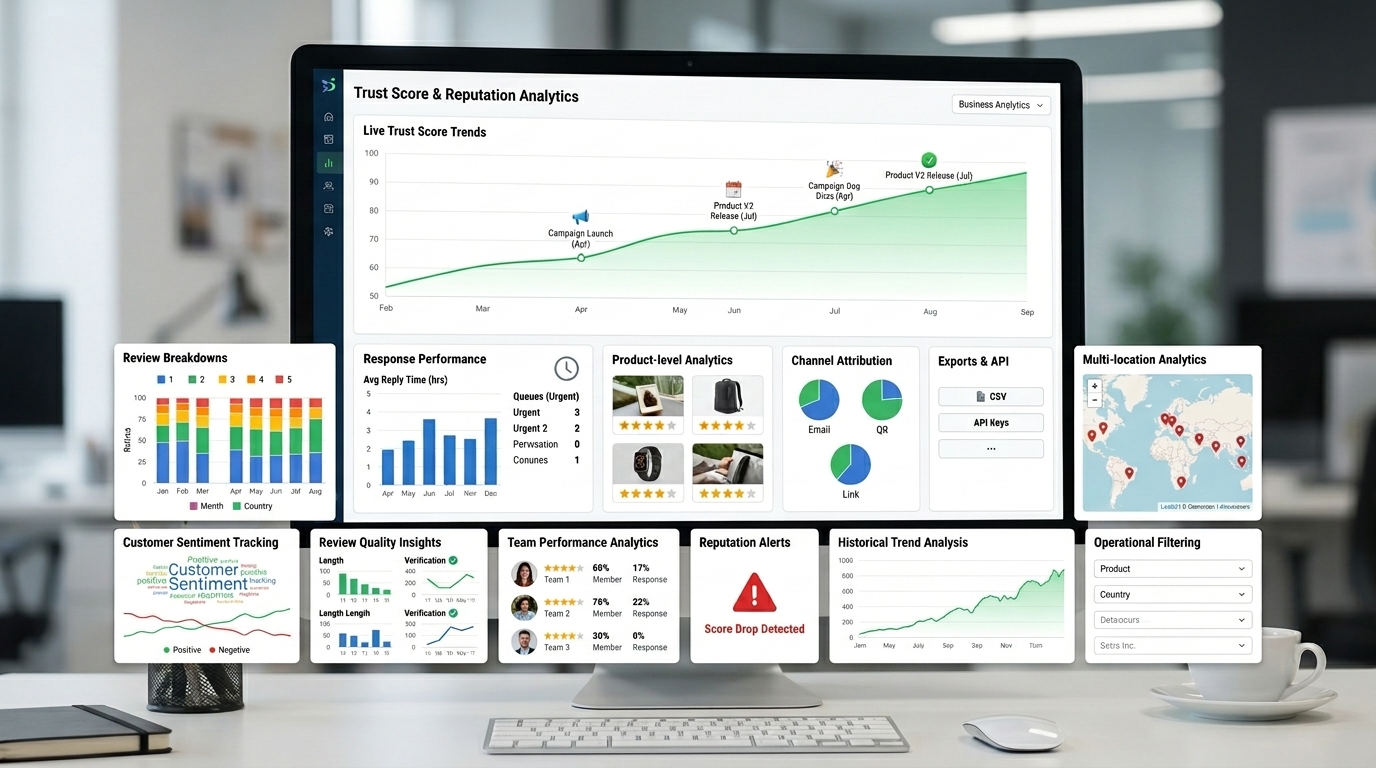 Tellacity business analytics dashboard showing trust score trends, review breakdowns, and response performance