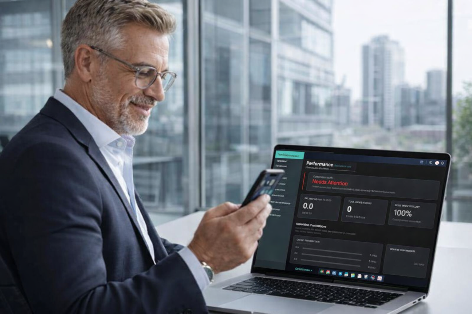 Business owner reviewing Tellacity analytics at the office