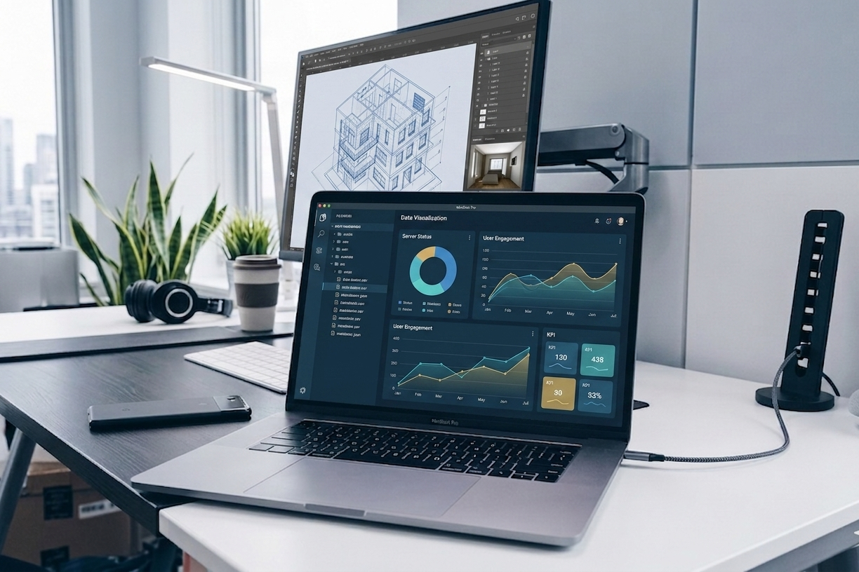 Developer integrating Tellacity widgets on a laptop
