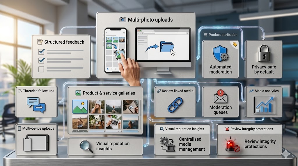 Tellacity photo uploads workspace with multi-photo review submissions, moderation, and product attribution