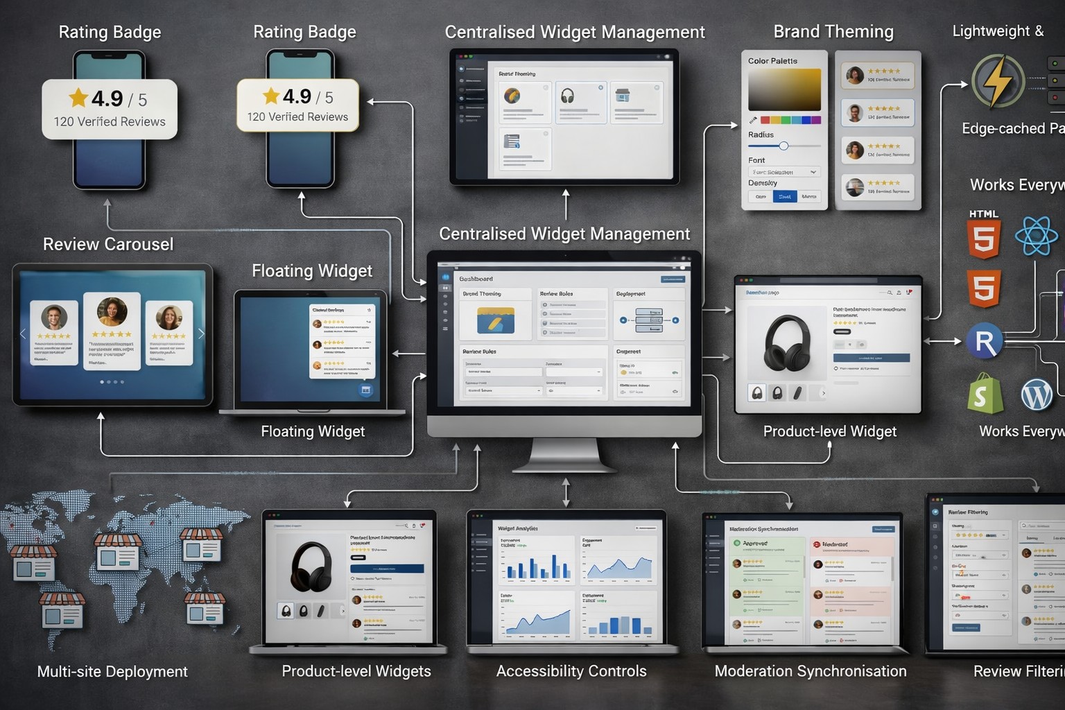Tellacity review widgets displayed across web and mobile storefronts
